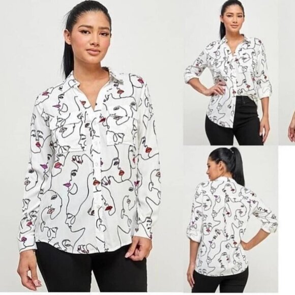 Milk & Honey Large Abstract Face Print Pink Button Shirt Art To Wear Artsy NEW! - Picture 1 of 11